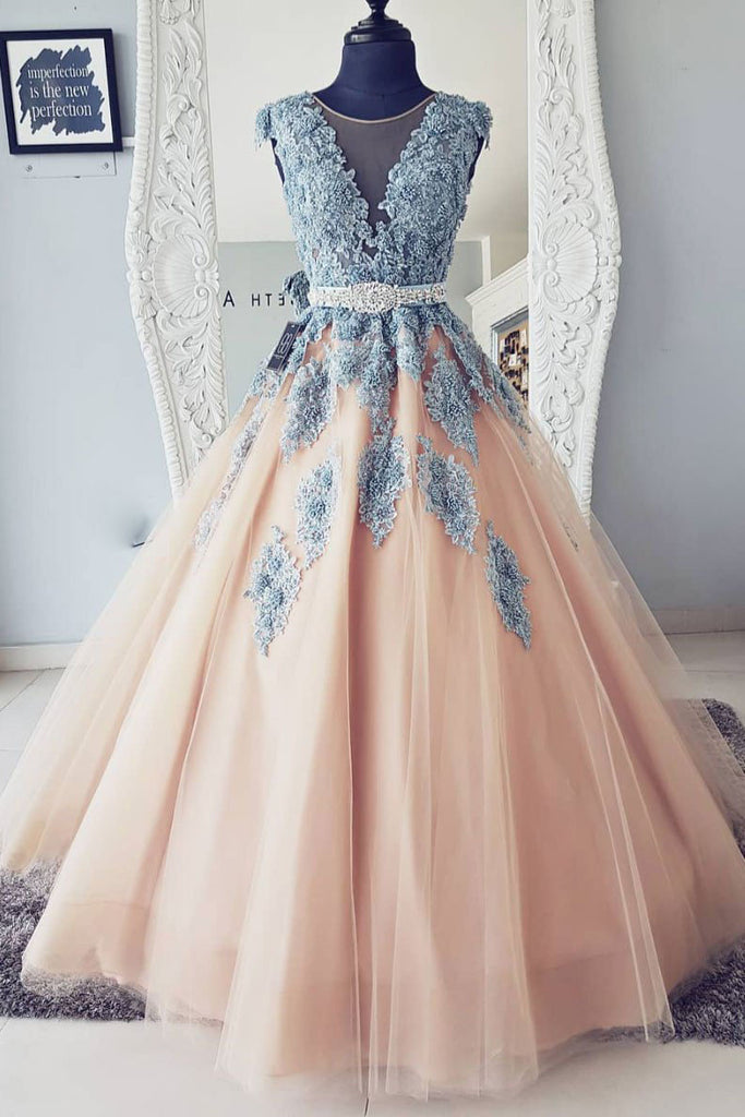 Puffy Sleeveless Teal Blue Lace Appliqued and Peach Tulle Long Prom Dresses