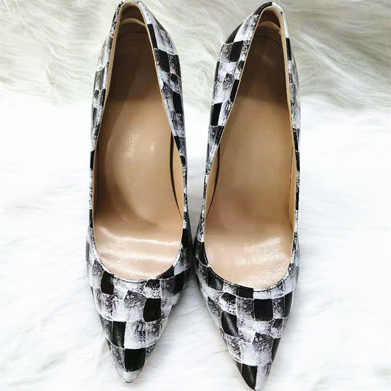 High Heels with black-and-white plaid pattern Fashion Women Party Shoes yy16