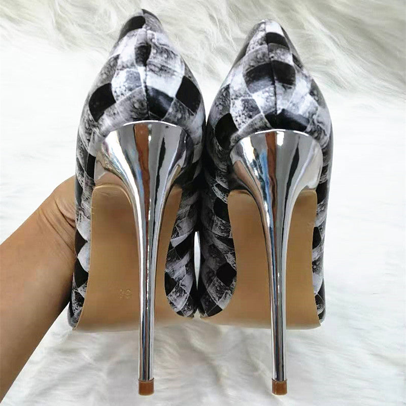 High Heels with black-and-white plaid pattern Fashion Women Party Shoes yy16