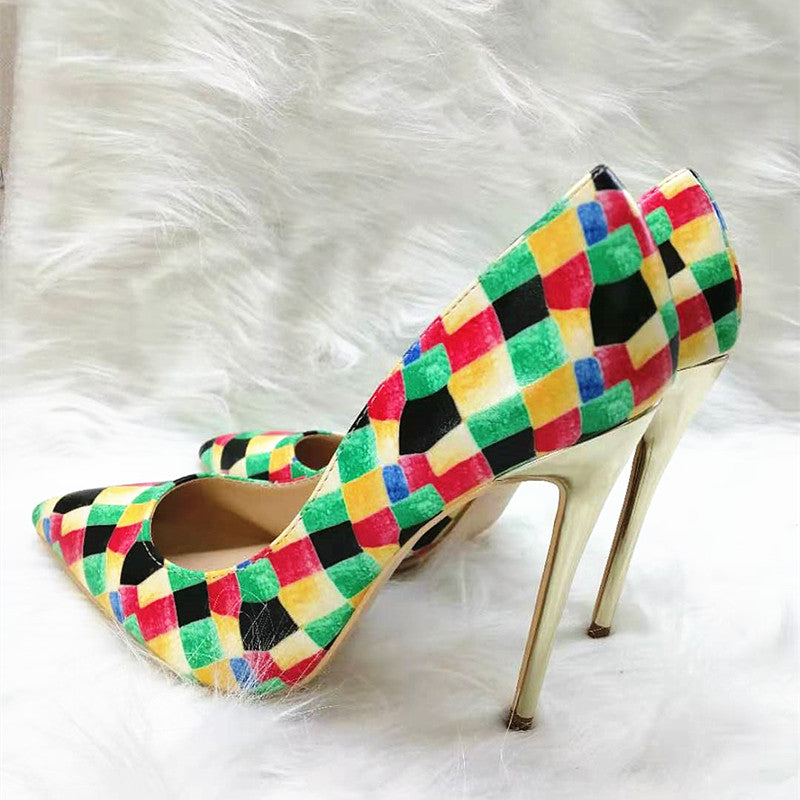 High Heels with colorful plaid pattern Fashion Evening Party Shoes yy17